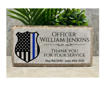 Police Officer Memorial. Thin Blue Line Shield. Badge. 4x8 Tumbled Paver Stone. Brick. Cops. Remembrance. Honor. Gift. Indoor. Outdoor.