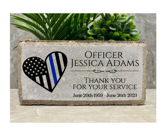 Police Officer Memorial. Thin Blue Line Heart. 4x8 Tumbled Paver Stone. Brick. Cops. Remembrance. Honor. Sympathy Gift. Indoor. Outdoor.